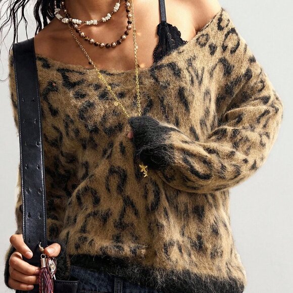 Casual Women's Boho leopard print Loose Long Sleeve Sweater top - Picture 1 of 7